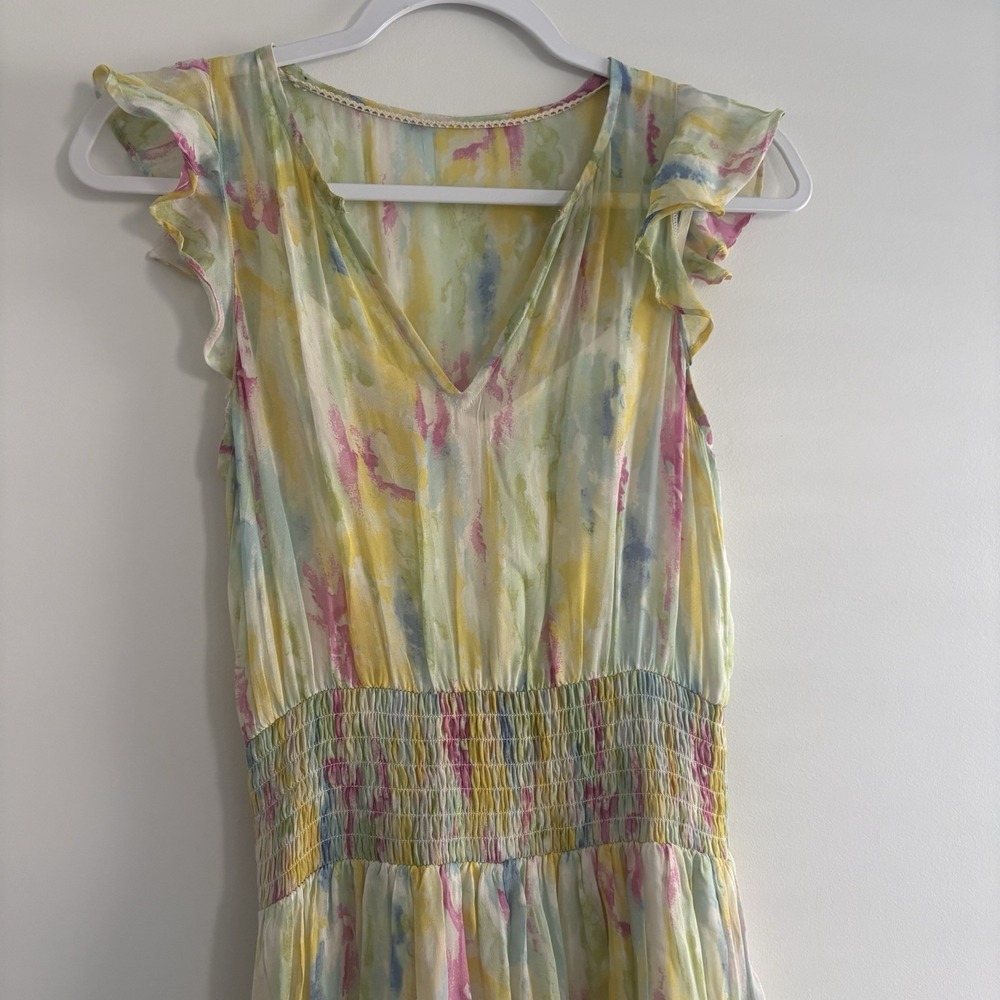 Anthropologie Dress Women 0 Watercolor Smocked Waist Flounce Hem Split Neck Maxi - Picture 2 of 8